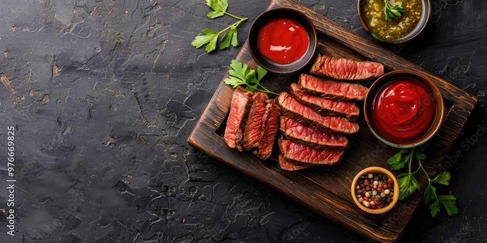 Poster sliced beef steak with sauces on a cutting board, aerial view with empty space for text