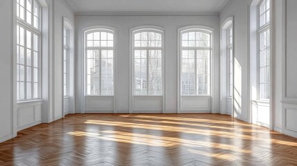 Fototapeta premium Sunlight shining through windows in a white room with herringbone floor