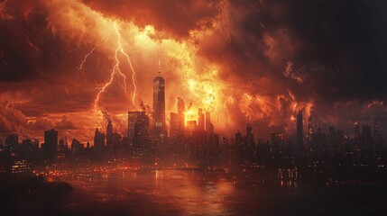 Fototapeta premium Skyline under a striking climate storm, lightning illuminating the scene with energy