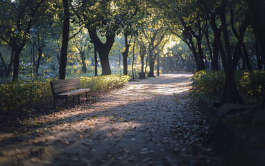 Fototapeta premium A lone wooden bench sits on a path in a park, inviting you to relax and enjoy the peaceful atmosphere. The sun's rays illuminate the path, casting long shadows from the surrounding trees.