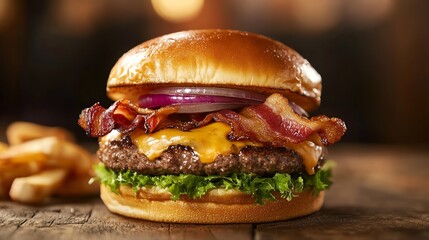 A cheeseburger with bacon and onion on a wooden table with a yellow background.
