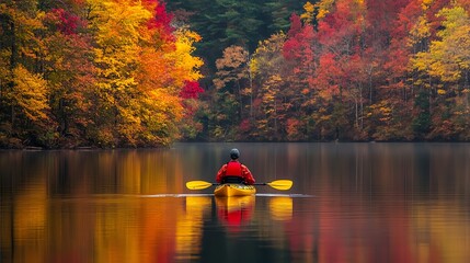 A person is kayaking on a lake with fall colored trees and mountains in the background.
