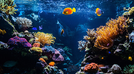 Obraz premium Fish swimming peacefully in a large tank with vibrant coral.