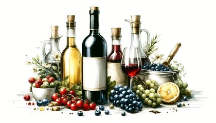 Assorted Wine Bottles and Fresh Fruits with Herbs and Spices