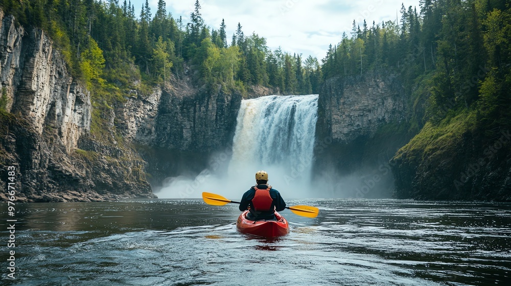 Poster A kayaker paddles towards a waterfall in a lush green canyon.