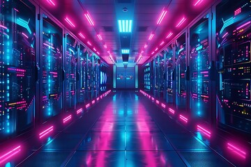 Futuristic data center corridor with vibrant neon lighting.