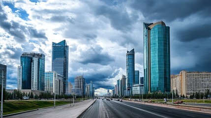 Fototapeta premium In September 2019, the downtown of Astana, Kazakhstan, features a variety of skyscrapers and government buildings set against a cloudy sky. 
