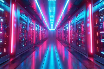A futuristic server room illuminated with vibrant blue and pink lights.