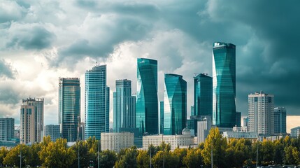 Fototapeta premium In September 2019, the downtown of Astana, Kazakhstan, features a variety of skyscrapers and government buildings set against a cloudy sky. 