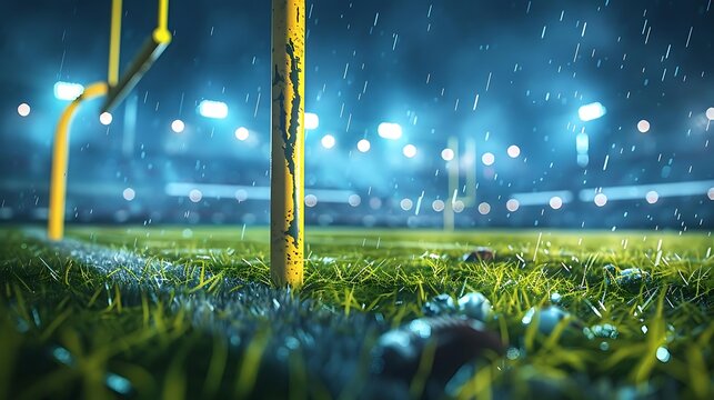 A rainy football field with goalposts and bright stadium lights.