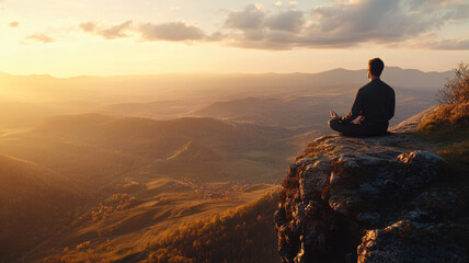 Man meditating on a cliff edge overlooking vast rolling hills at sunrise