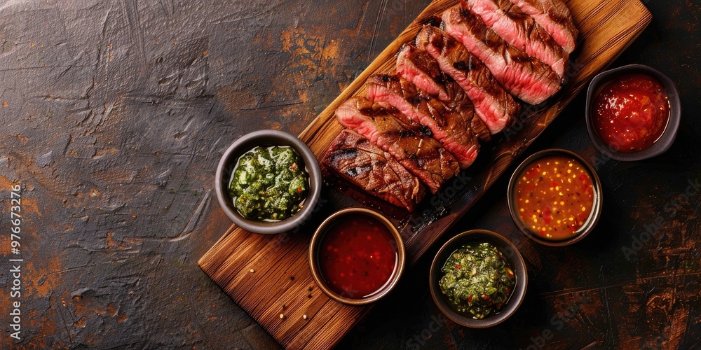 Poster top view of beef steak slices with sauces on a cutting board, featuring empty space for text