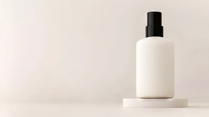 Minimalist white bottle with black lid, elegantly placed on a white surface, ideal for skincare or cosmetic product display.