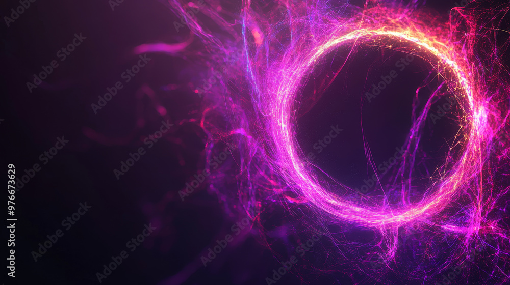 Poster abstract background featuring a purple swirling circle frame composed of multicolored energy particl