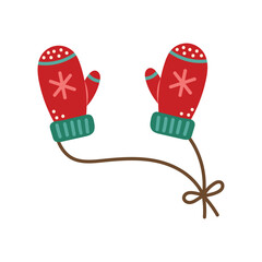 Red mittens with snowflakes. Isolated element for design of cards, patterns, banners. Christmas and New Year. Vector illustration.