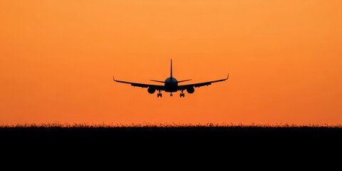 An airplane is captured in the moment of landing against a stunning backdrop of an orange sunset sky, symbolizing the end of a journey and the beauty of travel and exploration.