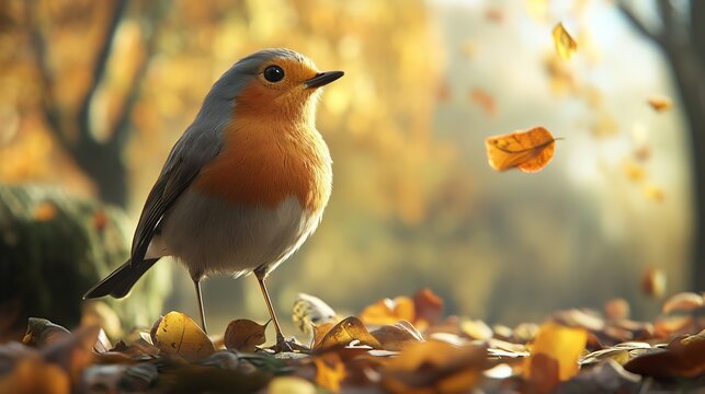 A robin bird (Erithacus rubecula) perched in a park, showcasing its distinctive red breast and charming demeanor amidst the natural surroundings.
