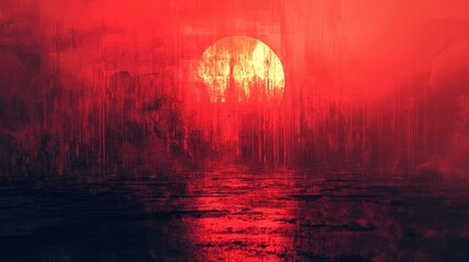 Weather warning alert, glitch effects, intense red tones, abstract digital design