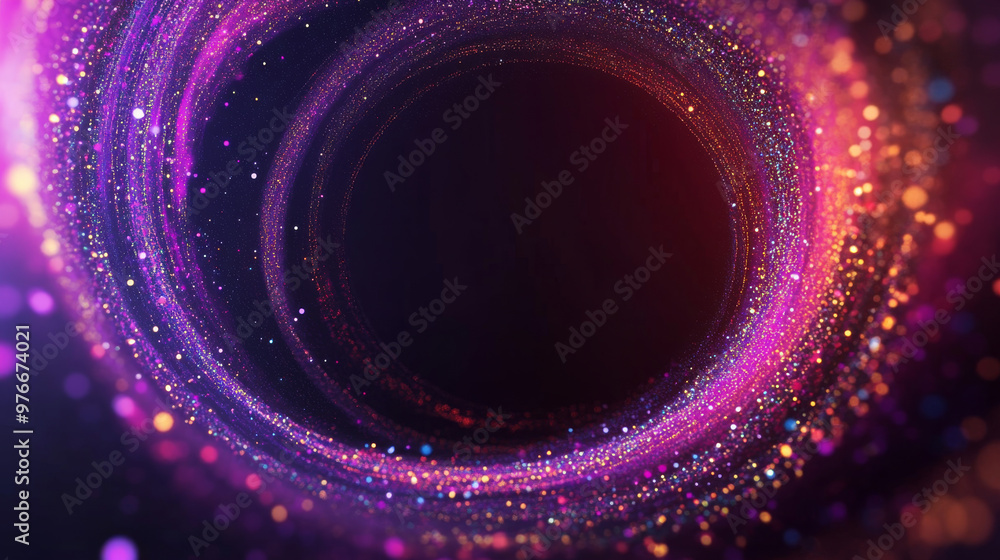 Poster abstract background featuring a purple swirling circle frame composed of multicolored energy particl