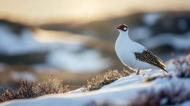 A Willow Ptarmigan nestled in the Norwegian tundra near Troms&oslash;, blending into the rugged, icy landscape of its natural habitat.