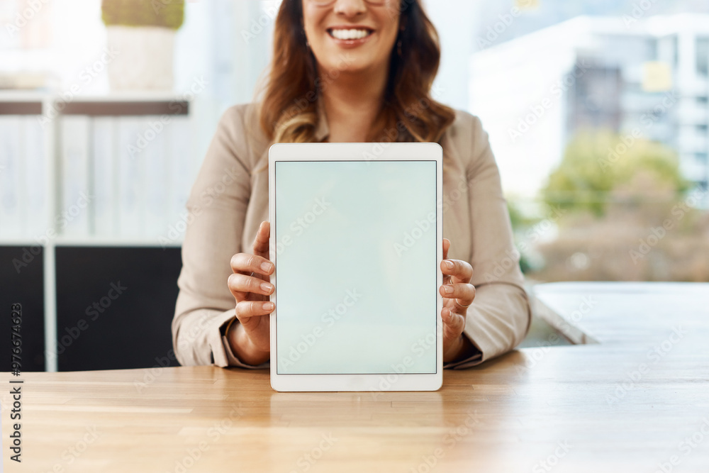 Aufkleber closeup, business and woman with tablet screen, hands and internet with mockup space. professional, 