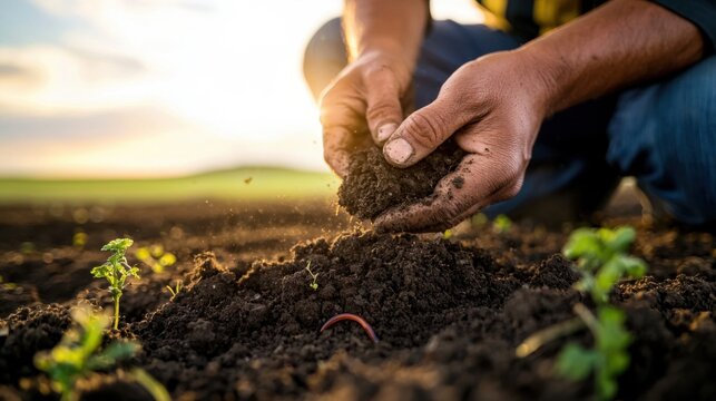 Nutrient-Rich No-Till Soil Farming: Farmer Examining Lush Organic Layers with Earthworms and Microorganisms