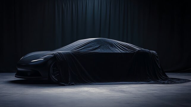 A black car is covered by a black cloth, in a dark studio.