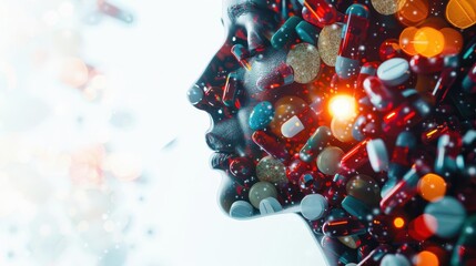 A stunning profile silhouette filled with colorful pills and capsules, symbolizing health, wellness, and the human experience.