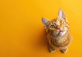 Cat, orange tabby, looking up against a bright yellow background The cat s expressive eyes and fur create a warm and inviting atmosphere, ideal for pet themed designs