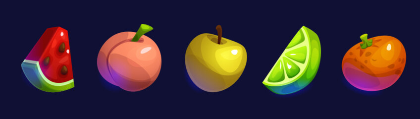 Slot game fruit icons set isolated on background. Vector cartoon illustration of watermelon, peach, apple, lime, orange, online casino ui design elements, gambling machine assets, lottery jackpot kit
