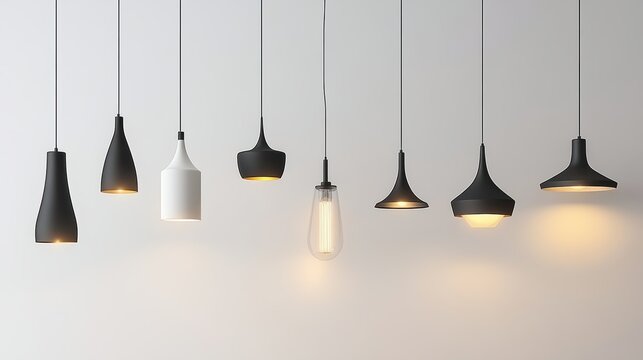 A row of sleek black and white pendant lights of various shapes hang against a minimalist light-colored background, creating a modern decor.