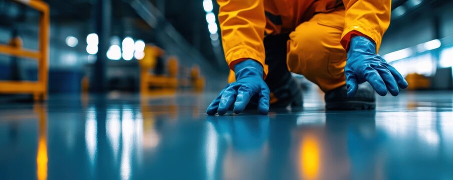 Technician installing smooth epoxy surface, epoxy surface installation, professional application