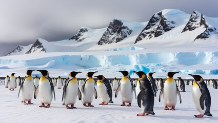 Obraz premium a group of penguins stand in front of a mountain.