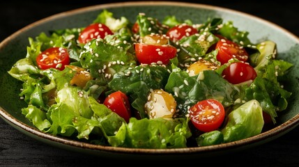 Dish of delicious and authentic salad with full of lettuce and tomatoes, sesame on top