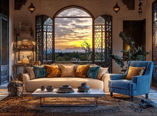 Moroccan living room with Sahara sand sofa and blue armchair, rich Moorish style, Marrakech evening view.