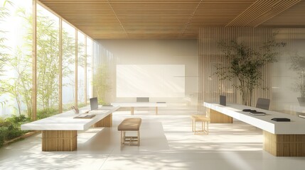 Tokyo workspace blur in Japanese Zen style with minimalist white desks and subtle bamboo accents.