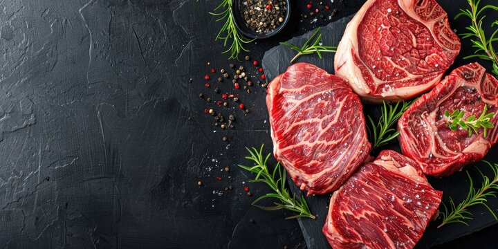 Aerial perspective of uncooked dry-aged ribeye steaks accompanied by herbs and coarse salt on a dark surface, leaving room for text on the right.