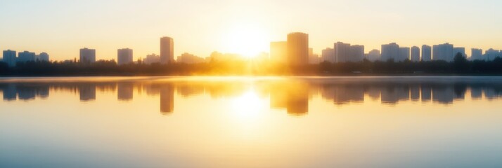 Fototapeta premium A stunning view of a city's skyline at sunrise with the buildings beautifully reflected in the calm water, creating a serene and picturesque urban landscape.