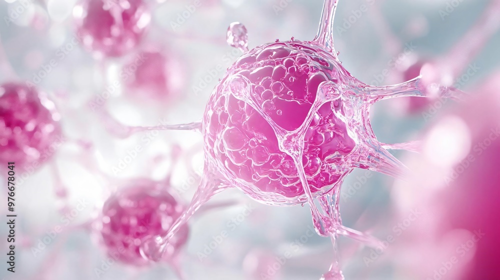Poster close-up view of vibrant pink cells under digital microscope, showcasing intricate structures and bi