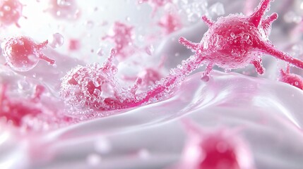 Close-up view of pink cells in a fluid environment, depicting a microscopic scene full of intricate details and organic forms.