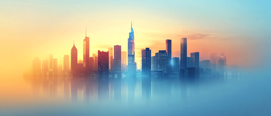 Obraz premium Sleek city skyline silhouettes over an abstract vector background, soft gradient sky blending with sharp building outlines, modern and urban design
