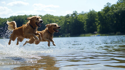 Dogs jumping into a lake on a hot summer day.