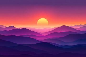 Obraz premium Abstract vector background with sunset over mountains, soft gradients of orange and purple skies, minimalistic mountain shapes creating a tranquil, modern design