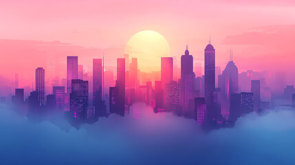 City skyline silhouettes in an abstract vector background, sharp geometric buildings against a soft gradient sky, modern and urban aesthetic