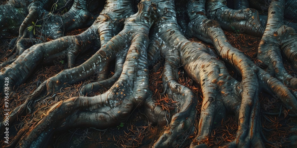 Poster distinctive image illustrating tree root structures interwoven in the earth, highlighting natural te