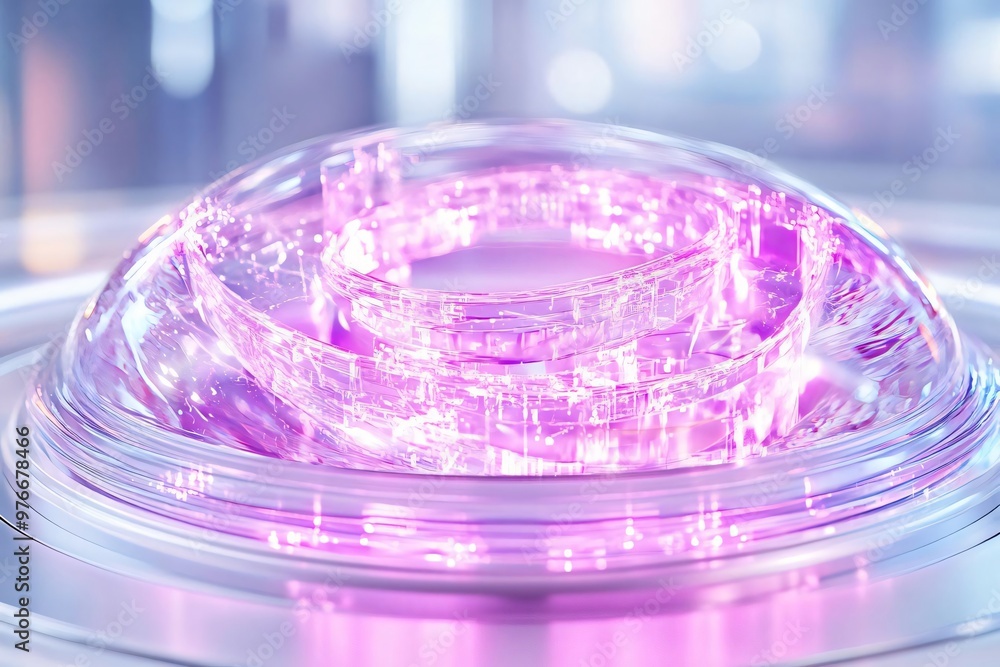 Poster a captivating futuristic design featuring a translucent structure illuminated by vibrant purple ligh