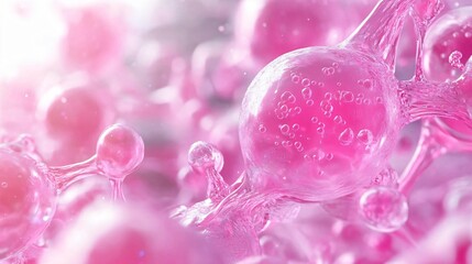 Fototapeta premium Vibrant close-up of pink molecules, showcasing intricate details and bubbles, perfect for scientific or creative projects.