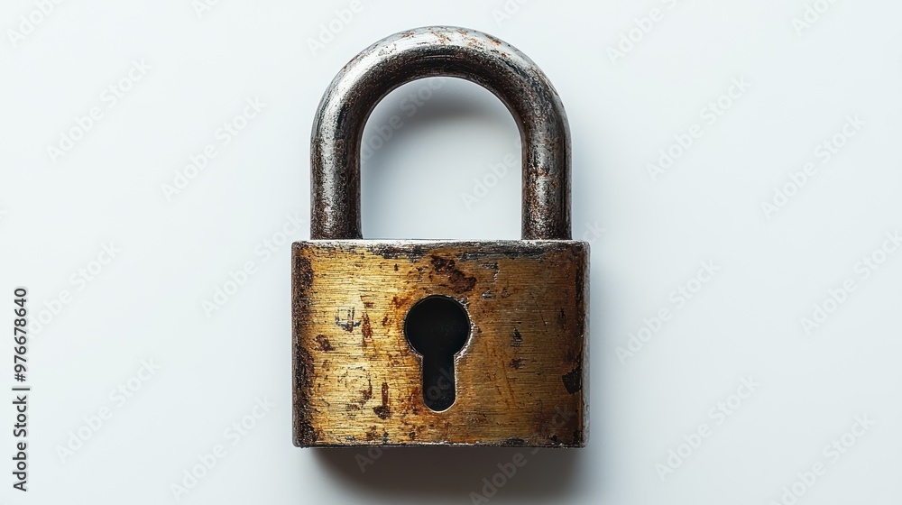 Poster a rusty padlock resting on a white surface, symbolizing security.