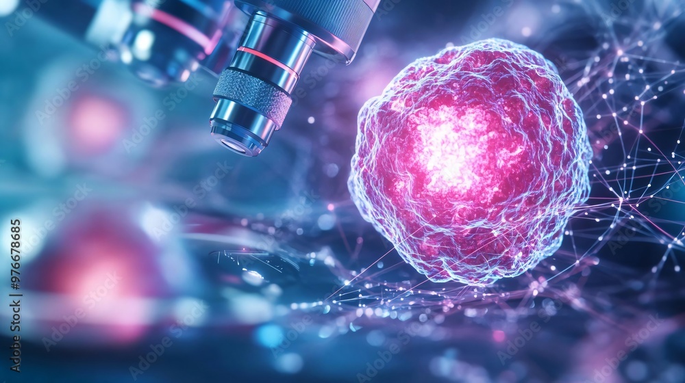 Poster a close-up view of a vibrant cell under a microscope, showcasing intricate details and dynamic conne