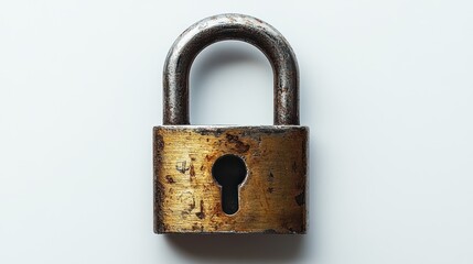 Fototapeta premium A rusty padlock resting on a white surface, symbolizing security.